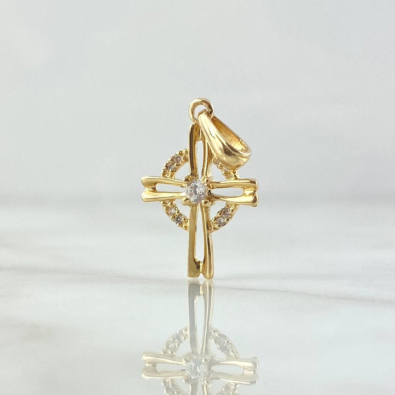 Dije Cruz Circular 1.15gr / 2.3cm / Circones Blancos Oro Amarillo 18K ©