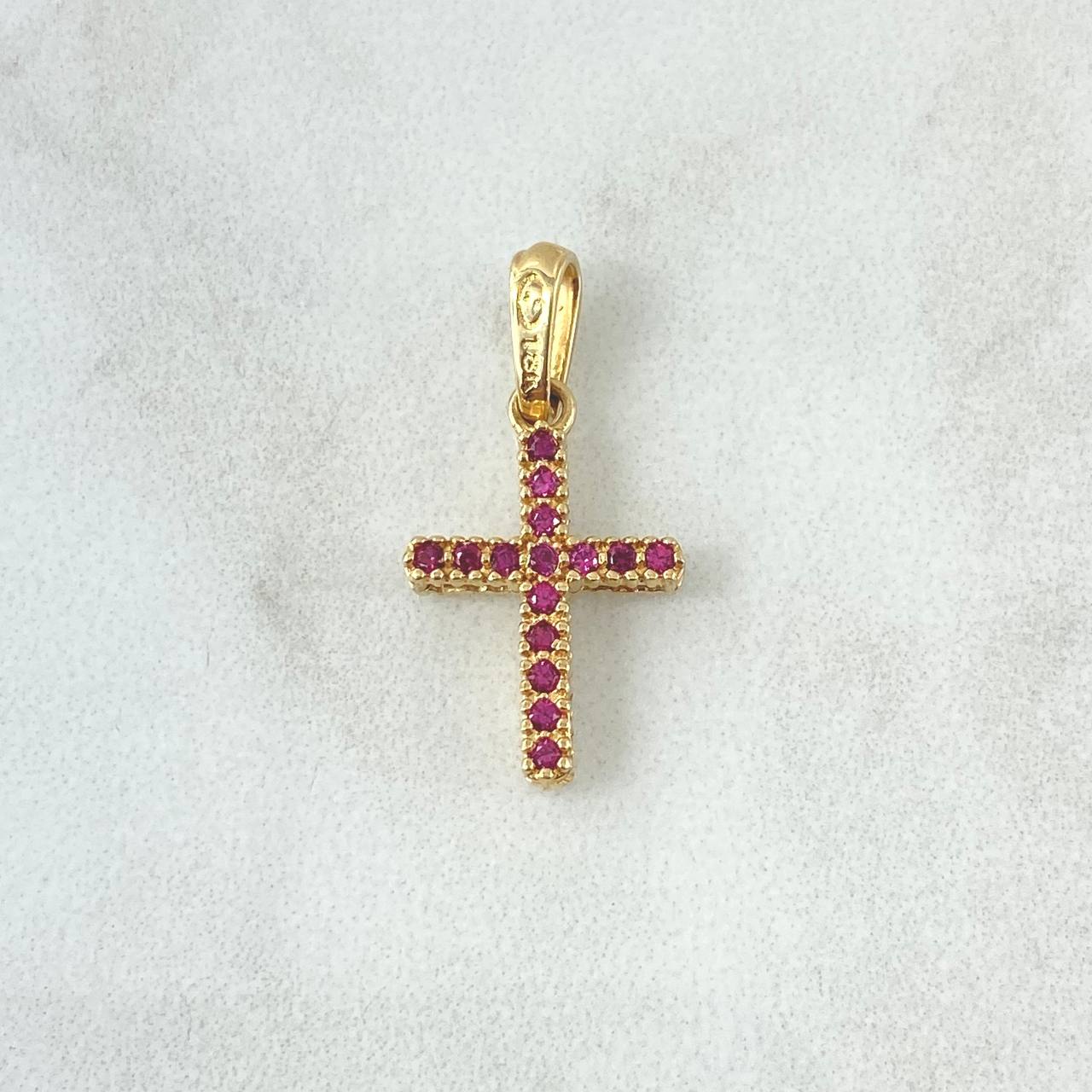 Dije Cruz 1.35gr / 2.1cm / Circones Blancos Fucsia  Oro Amarillo 18K ©