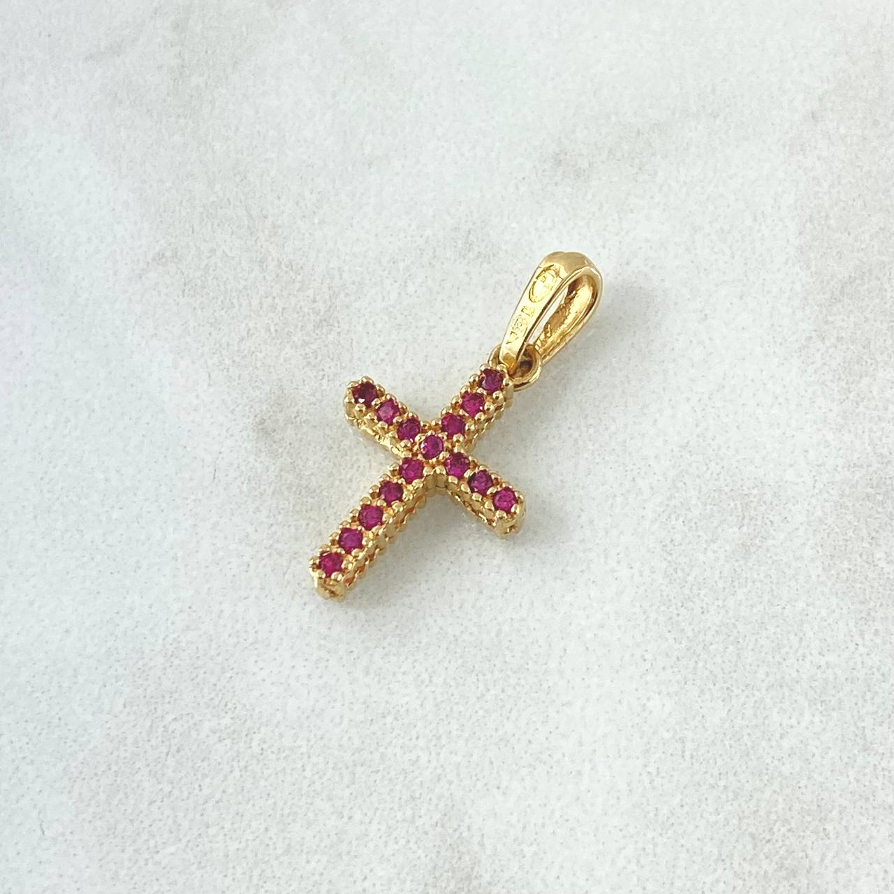 Dije Cruz 1.35gr / 2.1cm / Circones Blancos Fucsia  Oro Amarillo 18K ©