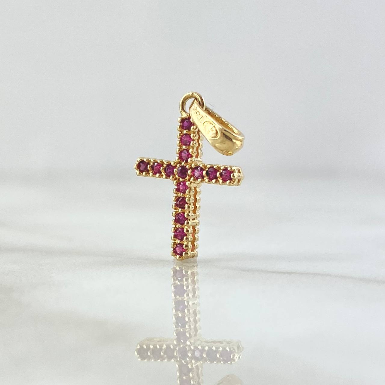 Dije Cruz 1.35gr / 2.1cm / Circones Blancos Fucsia  Oro Amarillo 18K ©