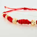 Pulsera Tejida Roja Bolas Diamantadas Oro Amarillo 18K