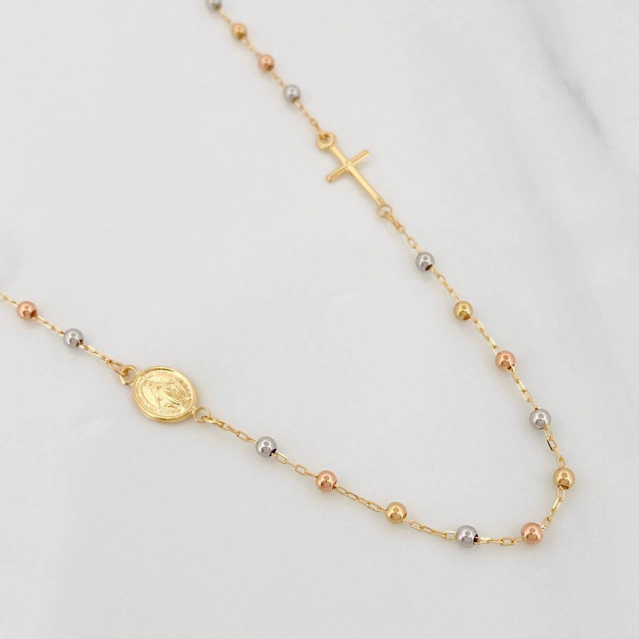 Cadena Denario Virgen Milagrosa Cruz 2.75g / 45cm / 2.2mm Tres Oros 18K