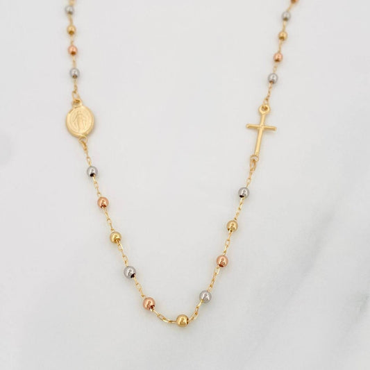 Cadena Denario Virgen Milagrosa Cruz 2.75g / 45cm / 2.2mm Tres Oros 18K
