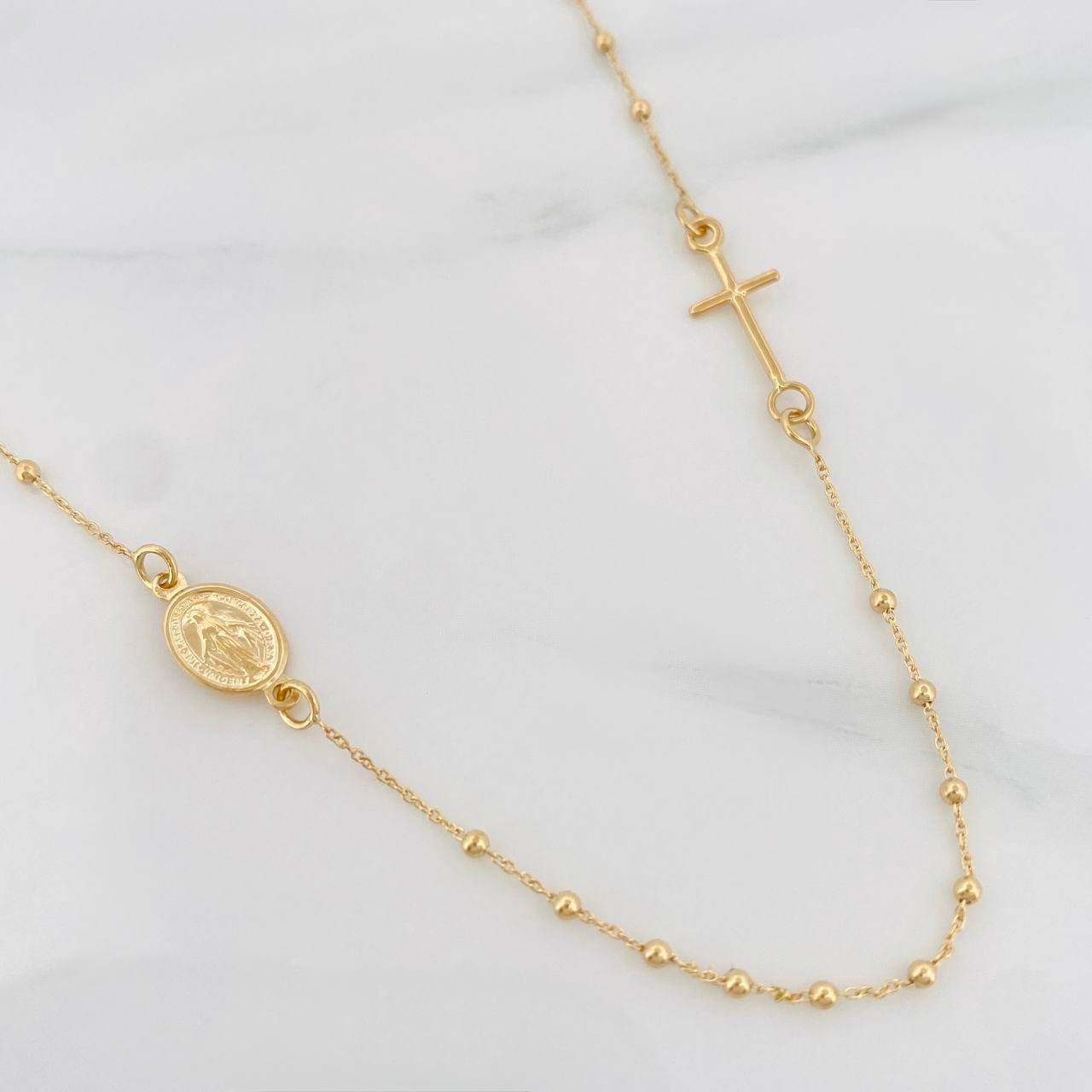 Cadena Denario Virgen Milagrosa Cruz 2.25g / 45cm / 1.5mm Oro Amarillo 18K