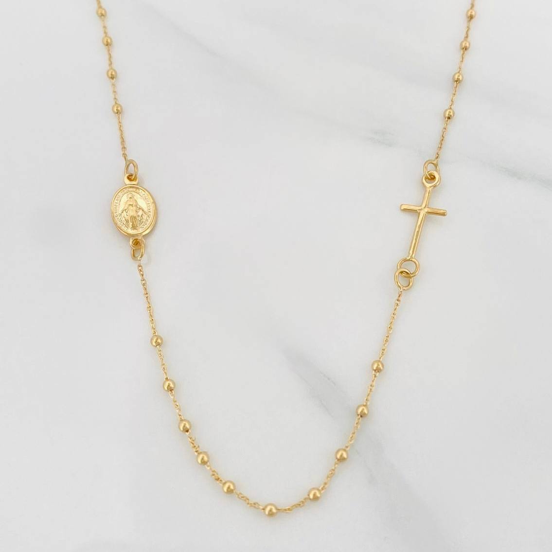Cadena Denario Virgen Milagrosa Cruz 2.25g / 45cm / 1.5mm Oro Amarillo 18K