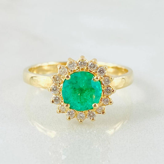 Anillo Solitario Flor Girasol Esmeralda 79pts Diamantes 16pts 3.75gr / T7 1/2 / Oro Amarillo 18K ©
