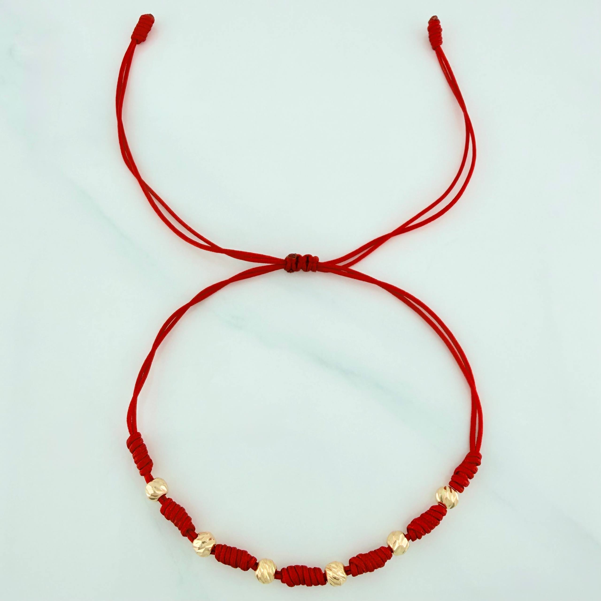 Pulsera Tejida Roja Bolas Diamantadas 4Mm Oro Amarillo  6 und  18K (A.C)