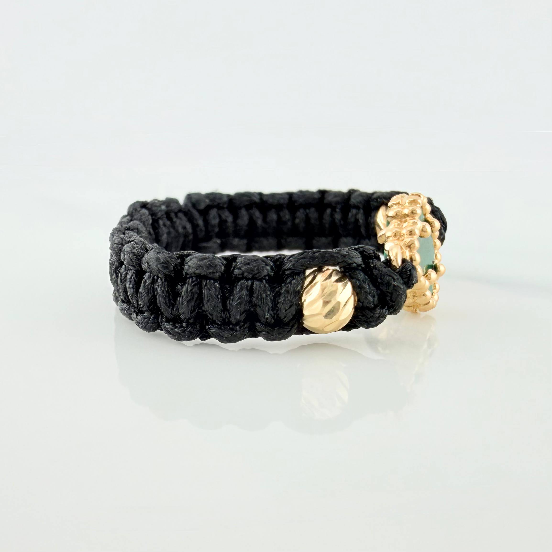 Anillo Tejido Negro Herraje Trebol 0.9 g / T9 Oro Amarillo 18K