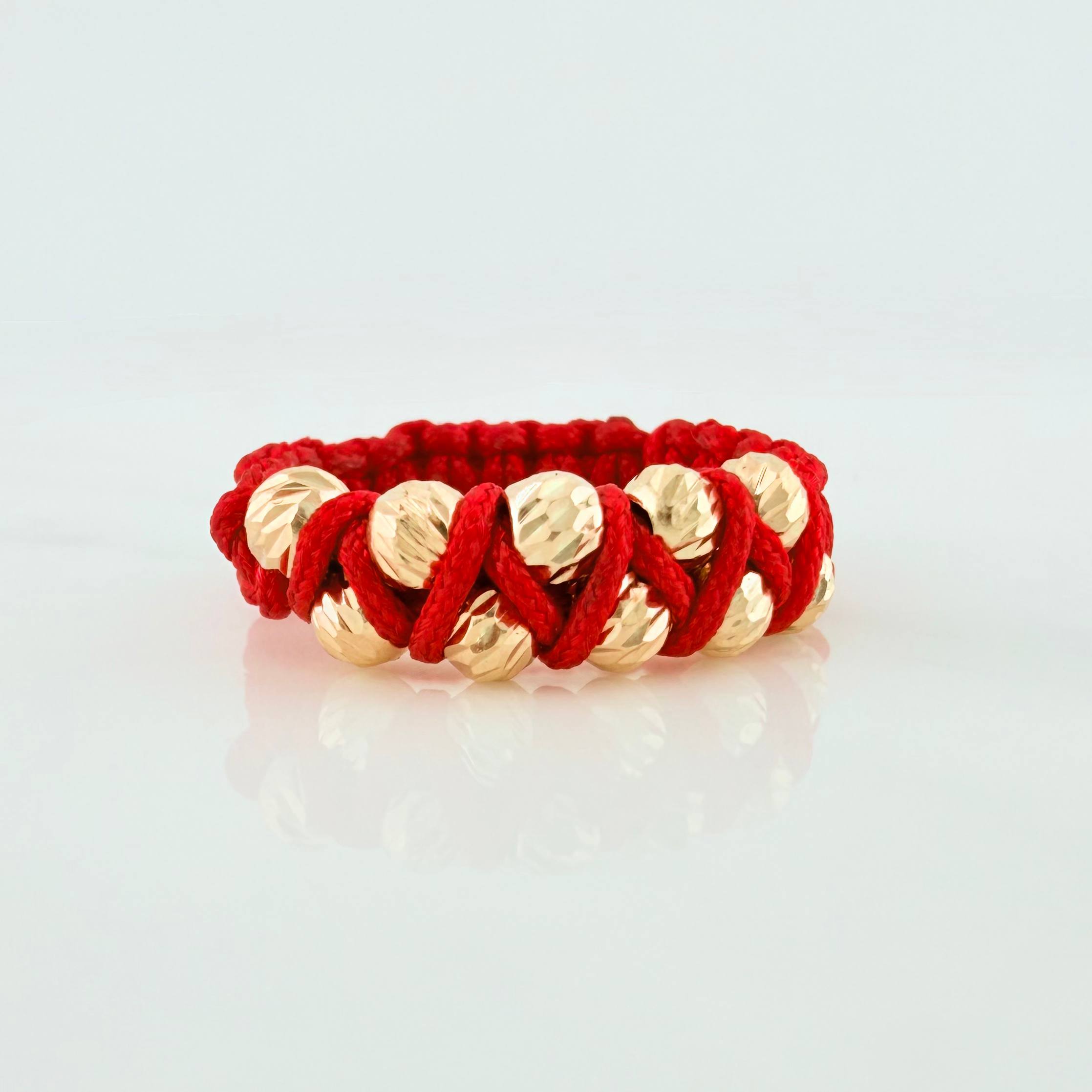 Anillo Tejido Rojo Bolas Diamantados 0.6 g / T8 Oro Amarillo 18K
