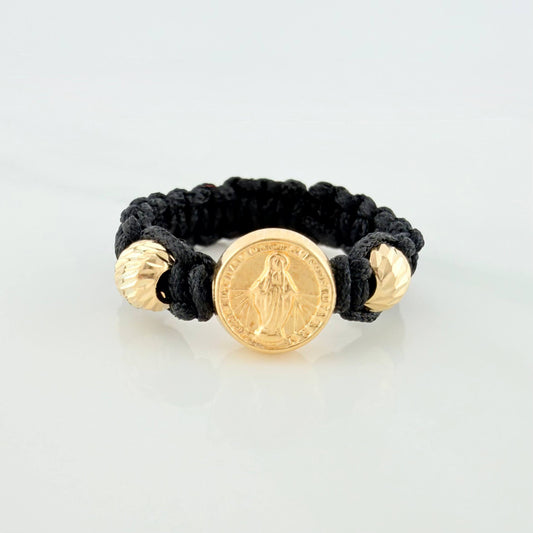 Anillo Tejido Negro Herraje Virgen Milagrosa 0.65 g / T8 Oro Amarillo 18K