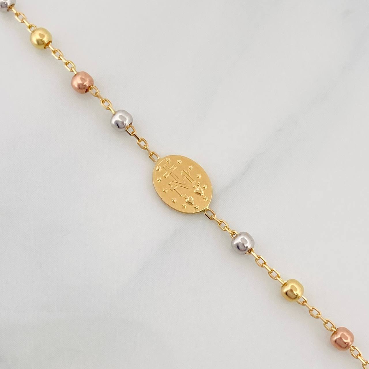 Cadena Denario Virgen Milagrosa Cruz 3.65g / 45cm / 2.5mm Tres Oros 18K