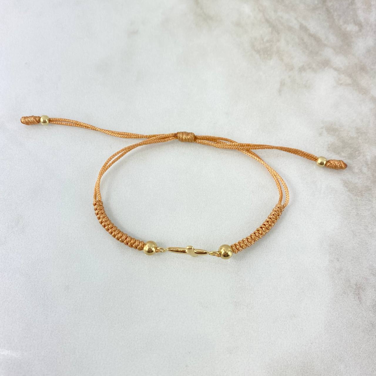 Pulsera Caqui Cruz Mini Plana 0.55gr / 4mm-3mm Bolas Lisas 4 und Oro Amarillo *