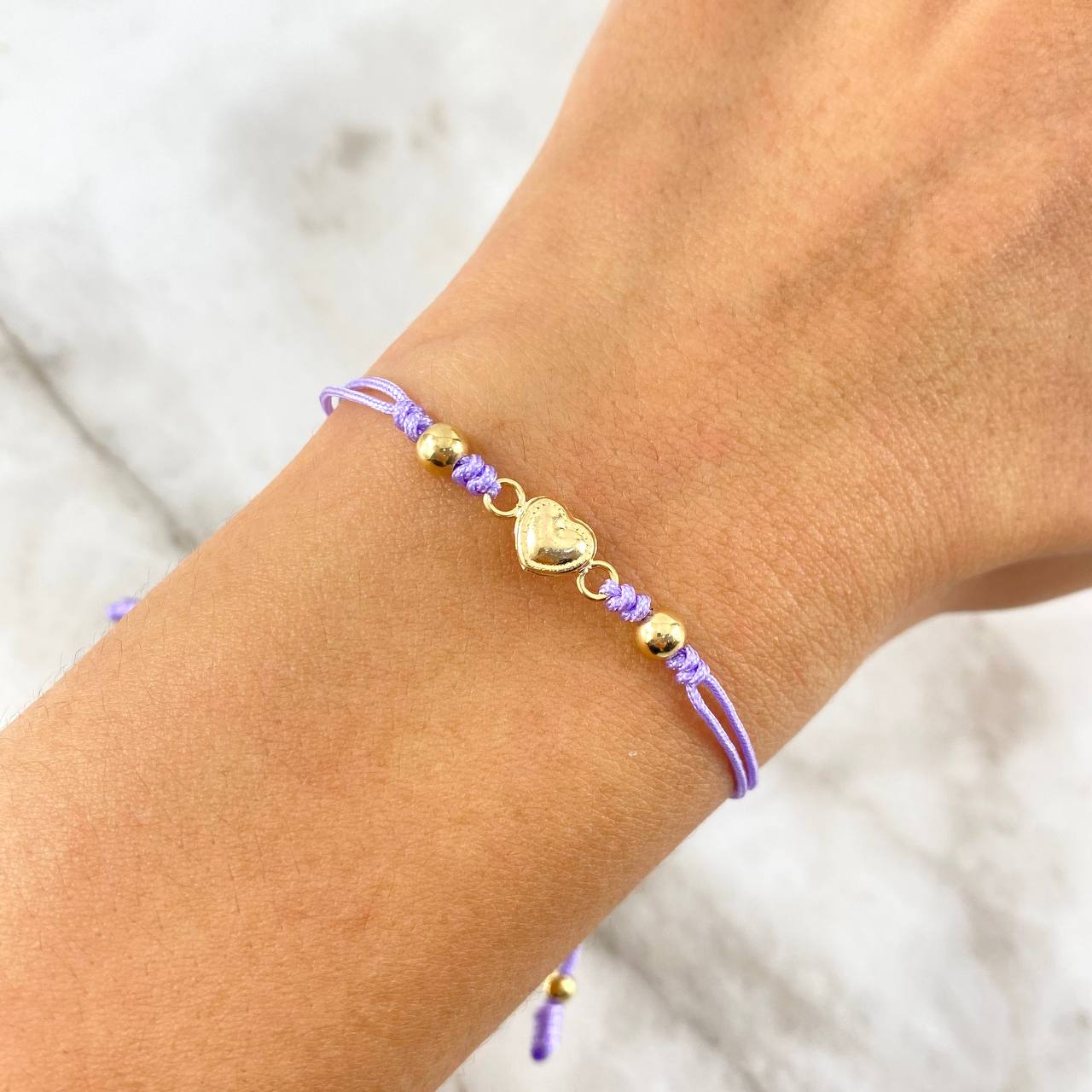 Pulsera Violeta Corazon Bordeado 0.5gr / 4mm-3mm Bolas Lisas 4 und Oro Amarillo *