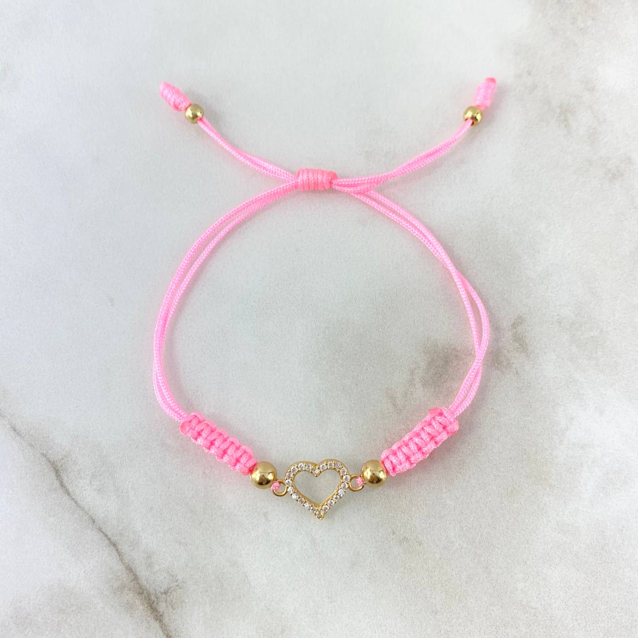 Pulsera Rosado Corazon Silueta 0.7gr / 4mm-3mm Bolas Lisas 4 und Circones Blancos Oro Amarillo *