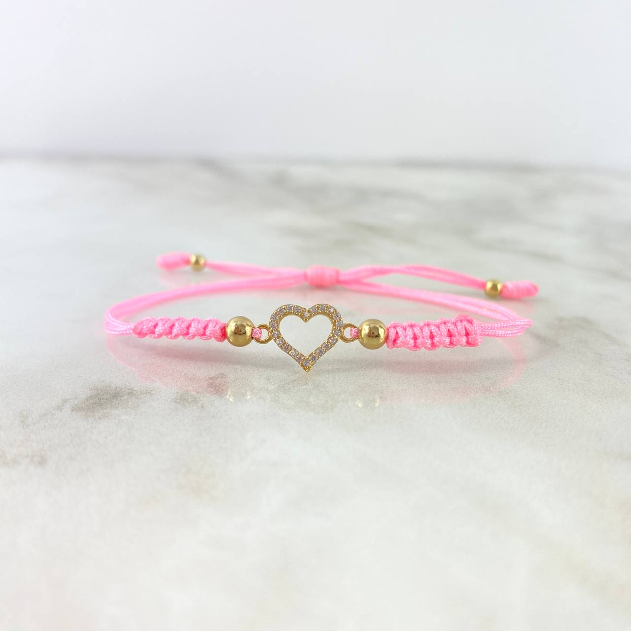 Pulsera Rosado Corazon Silueta 0.7gr / 4mm-3mm Bolas Lisas 4 und Circones Blancos Oro Amarillo *