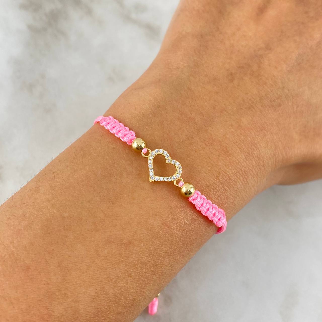 Pulsera Rosado Corazon Silueta 0.7gr / 4mm-3mm Bolas Lisas 4 und Circones Blancos Oro Amarillo *