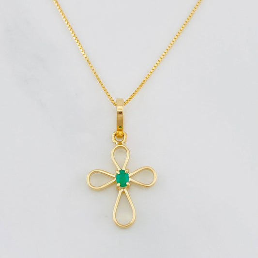 Set Cadena Veneciana + Dije Cruz Piedra Centro Esmeralda 0.03pts / 1.45g / 40cm Oro Amarillo 18K