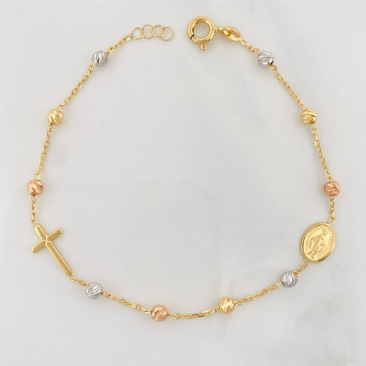 Pulso Modulable Denario Virgen Milagrosa Cruz 1.95g / 17cm - 17.4cm / 3mm Tres Oros 18K