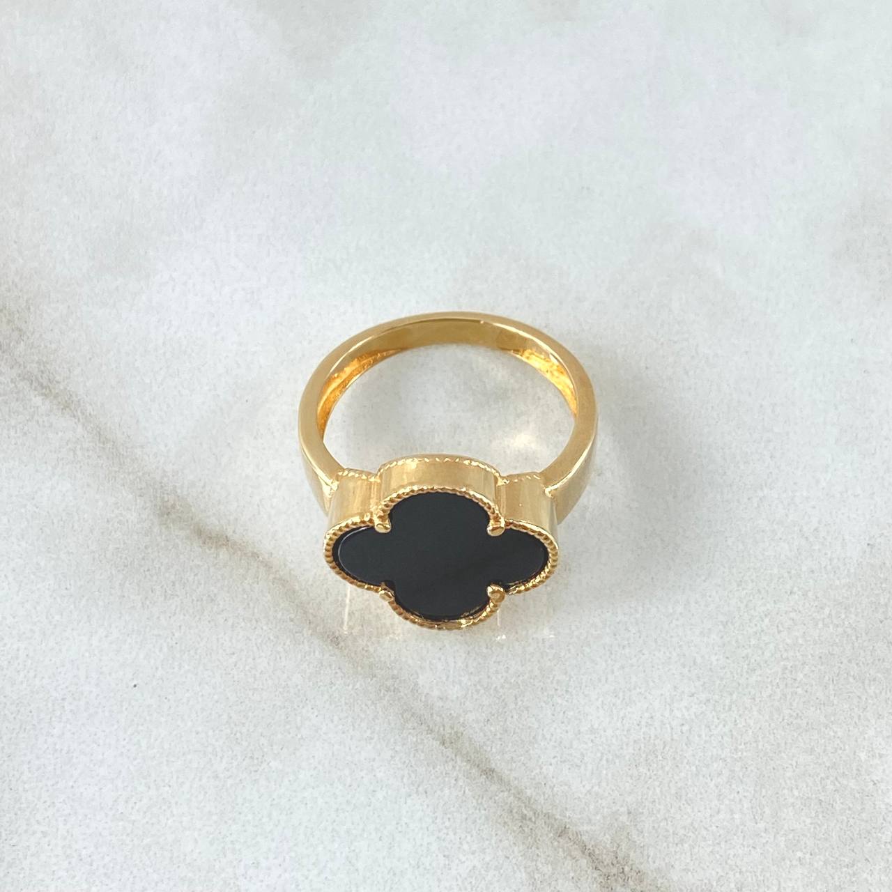 Anillo Treból VCyA 3.8gr / T6 1/4 / 14.6mm Onix Negro Punteado Oro Amarillo Nac.Esp. 18K