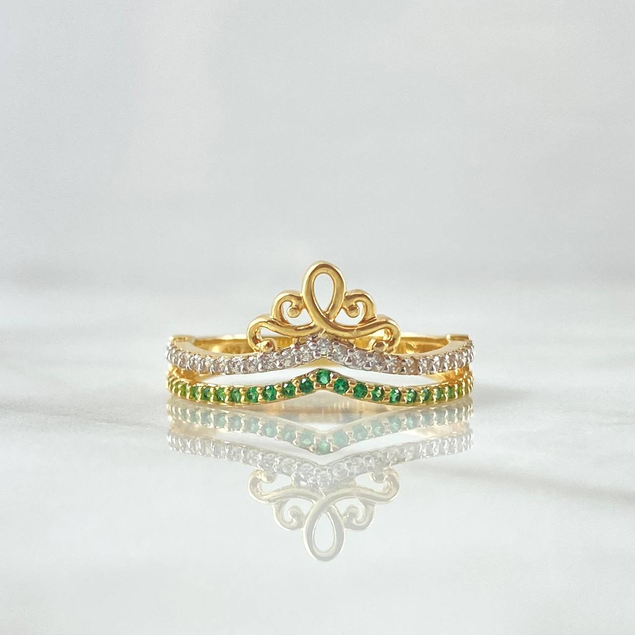 Anillo Tiara Doble Base 2.75gr / T7 / Circones Blancos Verdes Oro Amarillo 18K *