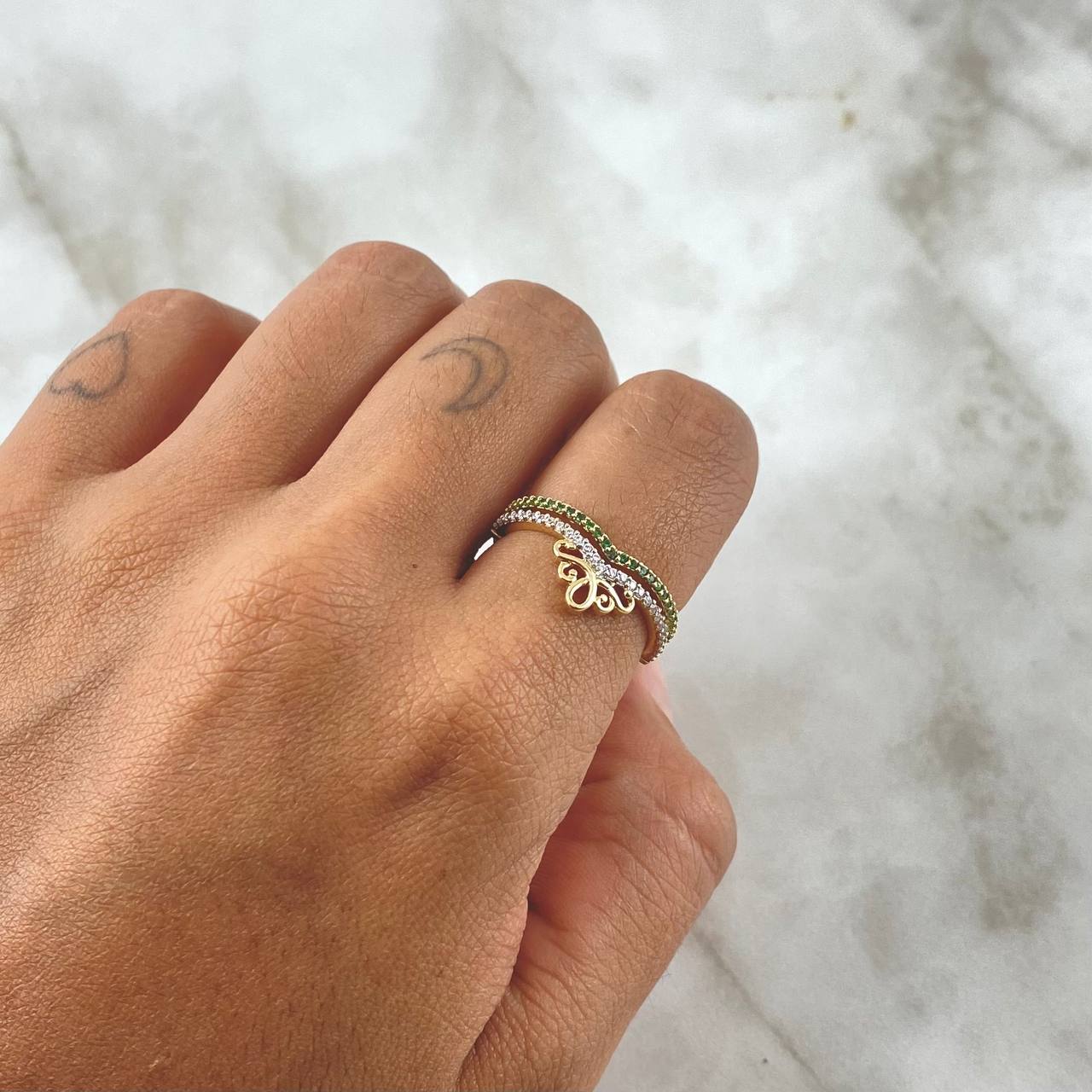 Anillo Tiara Doble Base 2.75gr / T7 / Circones Blancos Verdes Oro Amarillo 18K *