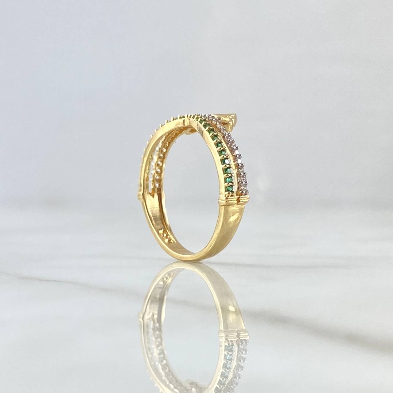 Anillo Tiara Doble Base 2.75gr / T7 / Circones Blancos Verdes Oro Amarillo 18K *
