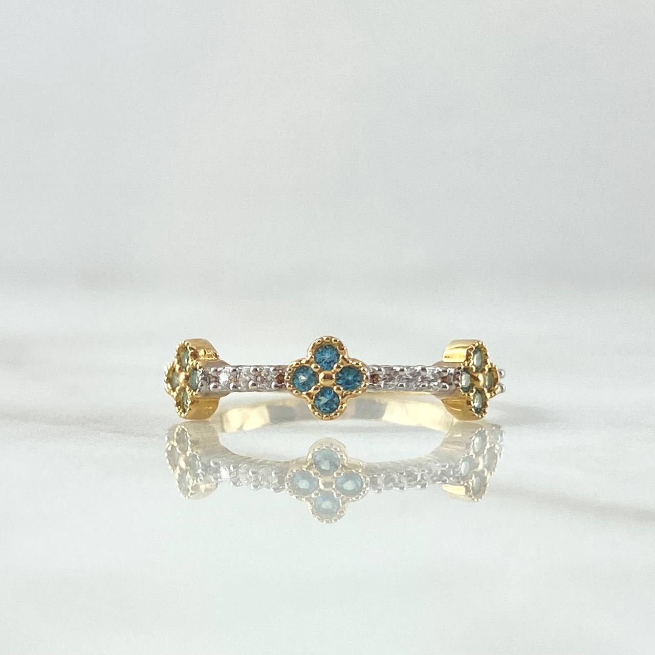 Anillo Trio De Flores 2gr / T7 / Circones Blancos Azul Celeste Oro Amarillo 18K *
