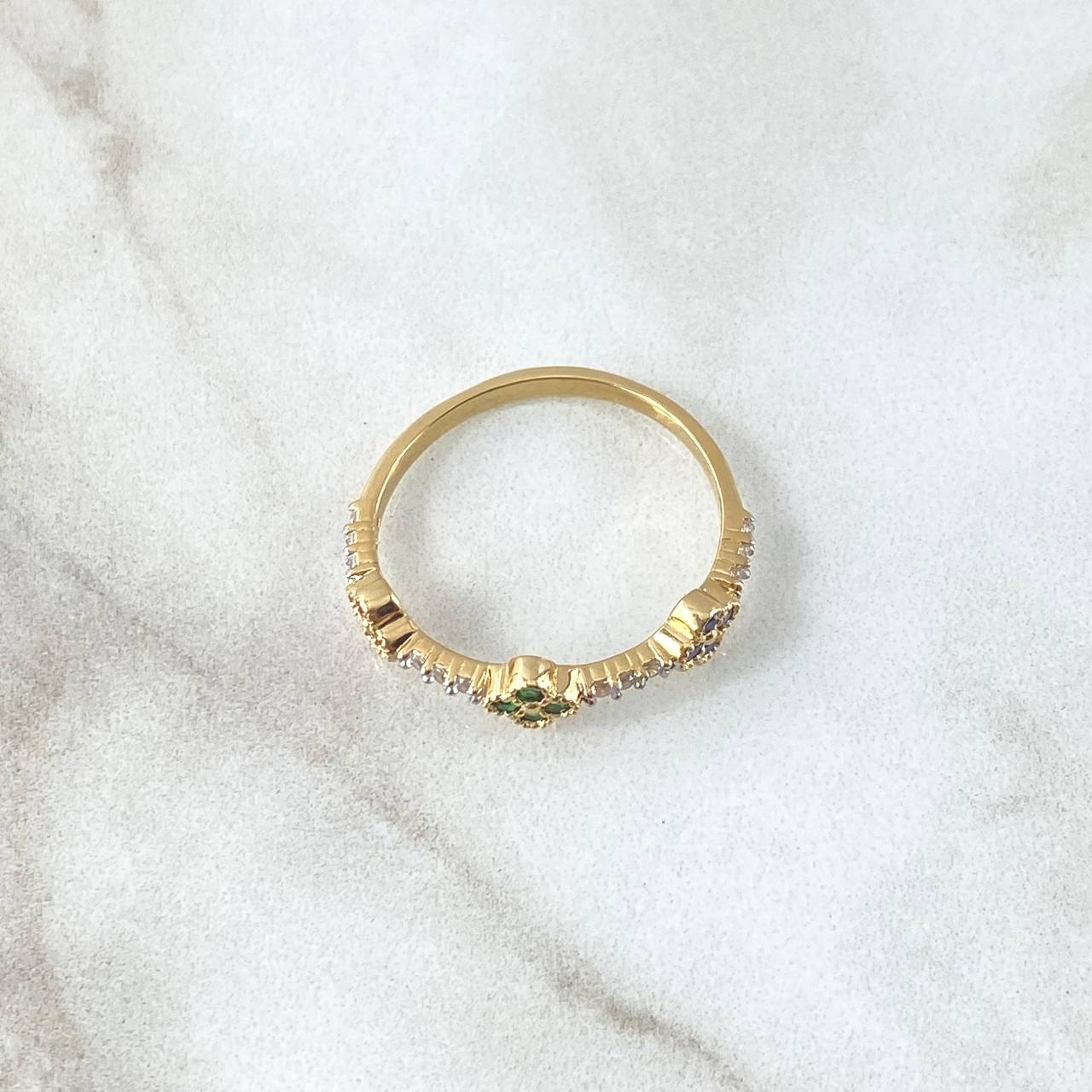 Anillo Trio De Flores 2.1gr / T7 1/2 / Circones Blancos Azul Verde Fucsia Oro Amarillo 18K *
