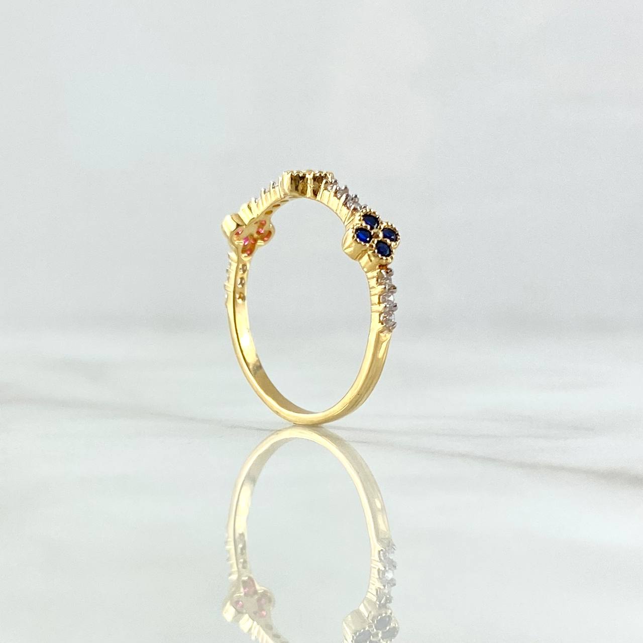 Anillo Trio De Flores 2.1gr / T7 1/2 / Circones Blancos Azul Verde Fucsia Oro Amarillo 18K *
