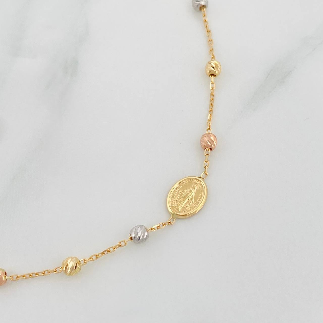 Pulso Modulable Denario Virgen Milagrosa Cruz 1.95g / 17cm - 17.4cm / 3mm Tres Oros 18K