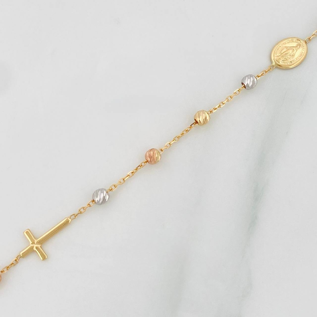 Pulso Modulable Denario Virgen Milagrosa Cruz 1.95g / 17cm - 17.4cm / 3mm Tres Oros 18K