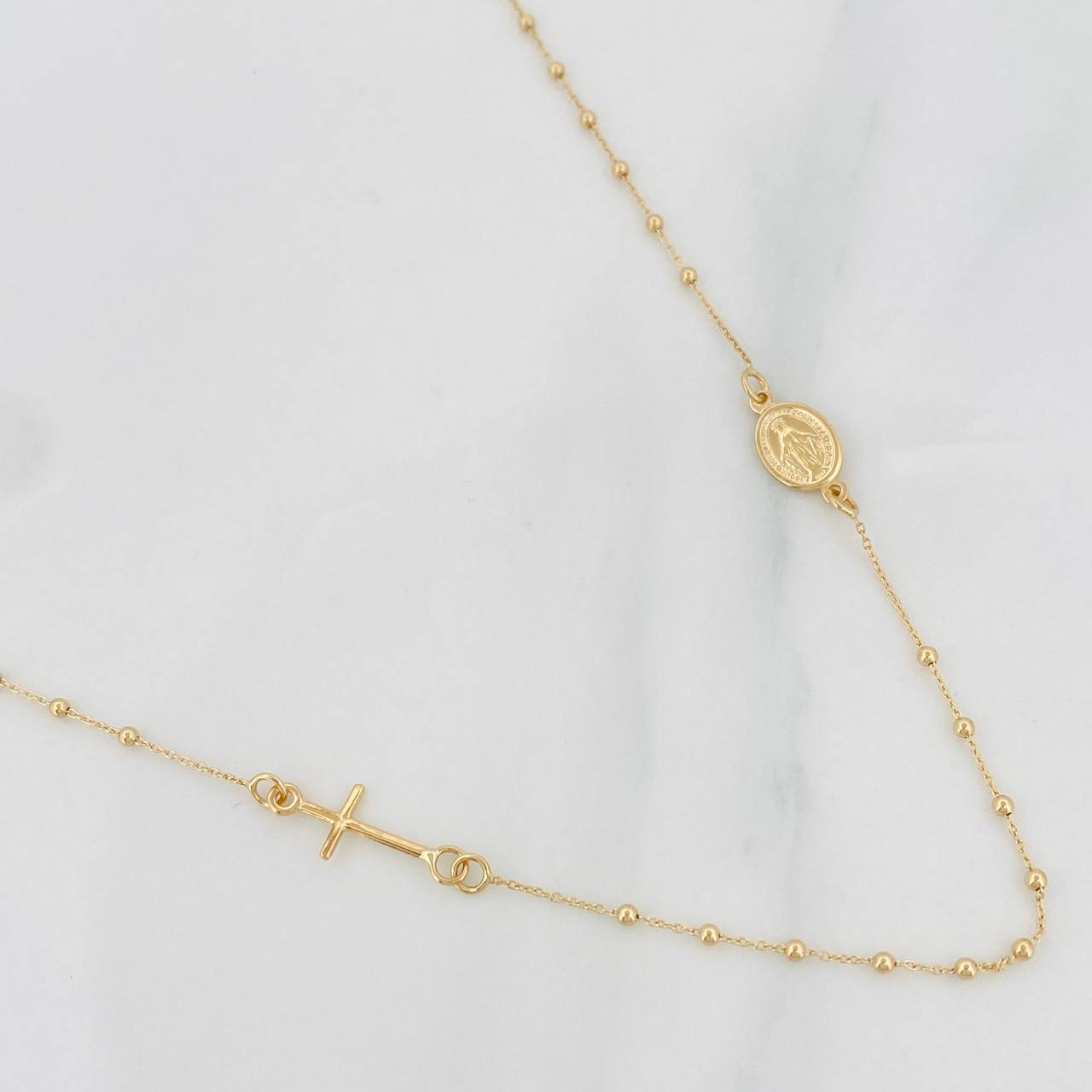 Cadena Denario Virgen Milagrosa Cruz 2.25g / 45cm / 1.5mm Oro Amarillo 18K