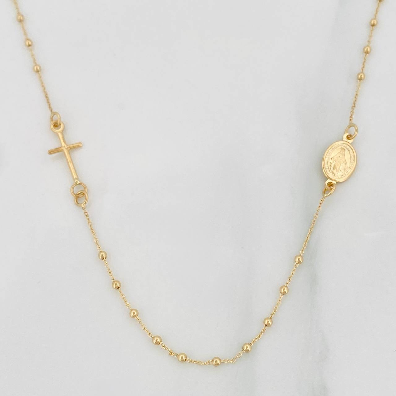 Cadena Denario Virgen Milagrosa Cruz 2.25g / 45cm / 1.5mm Oro Amarillo 18K