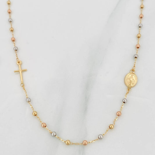 Cadena Denario Virgen Milagrosa Cruz 2.85g / 45cm / 2.2mm Tres Oros 18K