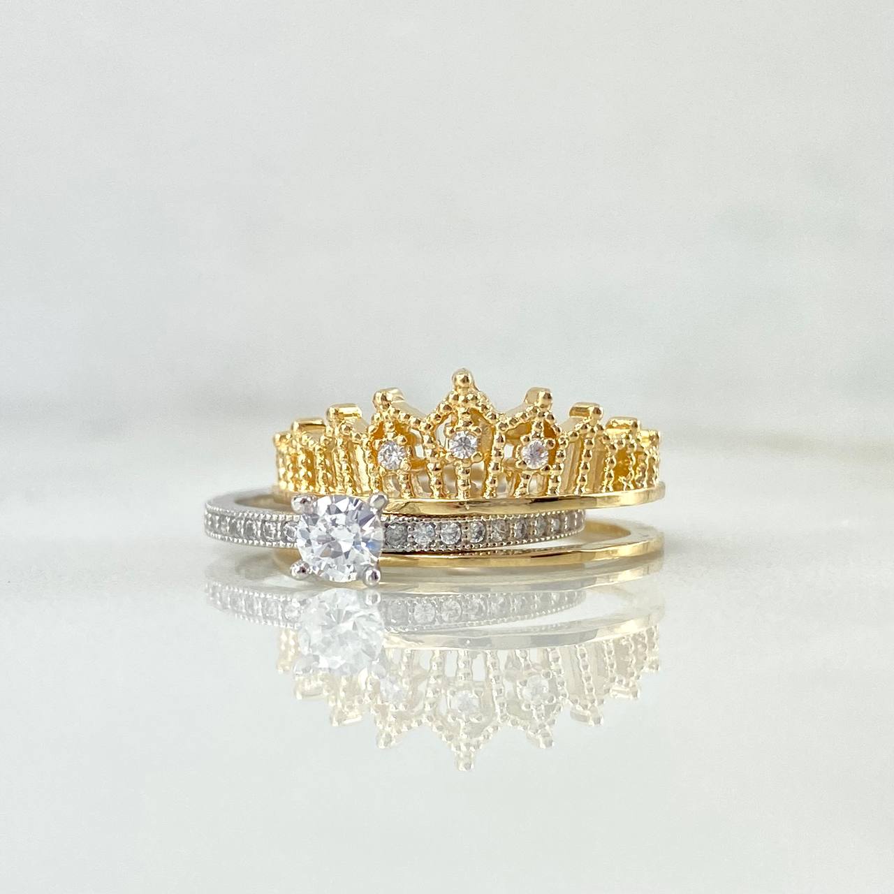 Anillo Corona Real Doble 4.5gr / T7 / Circones Blancos Dos Oros Amarillo Blanco