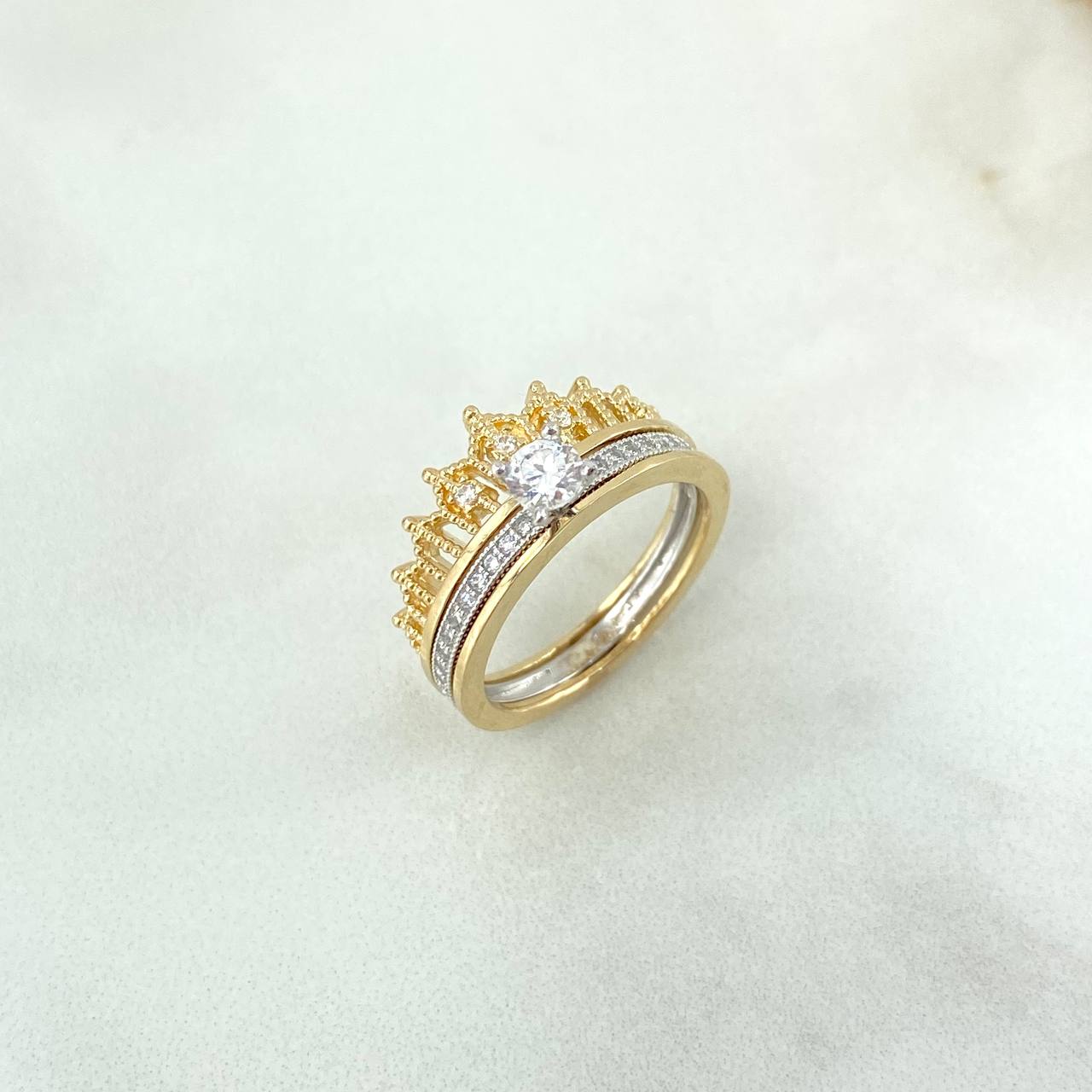 Anillo Corona Real Doble 4.5gr / T7 / Circones Blancos Dos Oros Amarillo Blanco