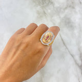 Anillo Virgen de Guadalupe 15.9gr / T8 1/2 / Circones Blancos-Verdes-Fucsias Tres Oros