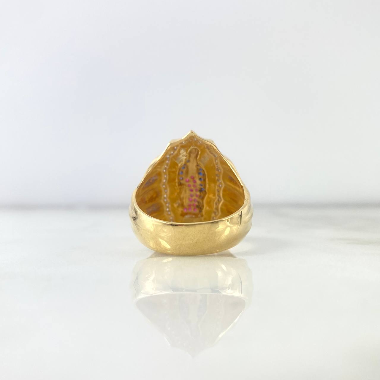 Anillo Virgen de Guadalupe 15.5gr / T11 / Circones Blancos-Azules-Fucsias Dos Oros Amarillo Blanco