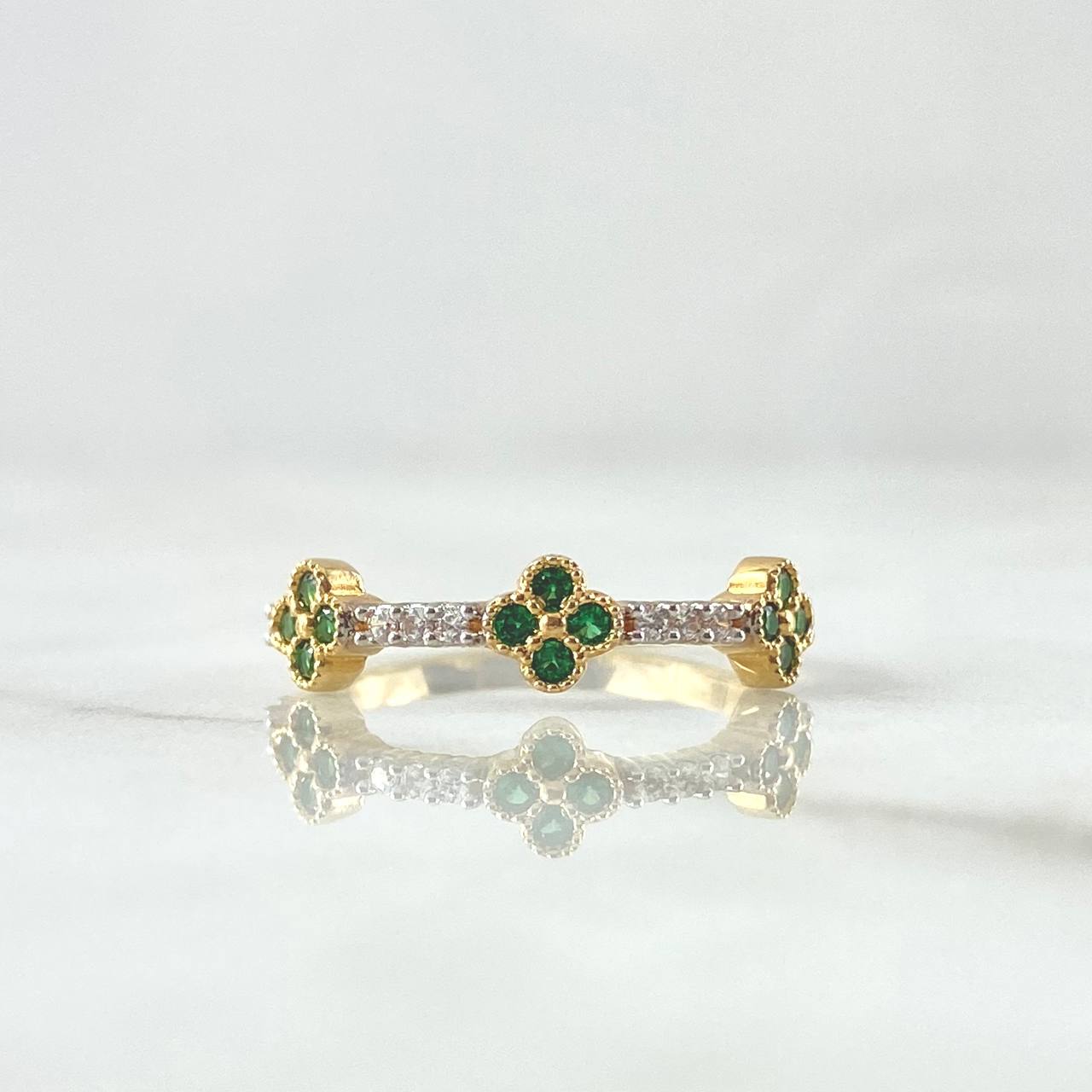 Anillo Trio De Flores 1.95gr / T6 1/4 / Circones Blancos Verdes Oro Amarillo 18K