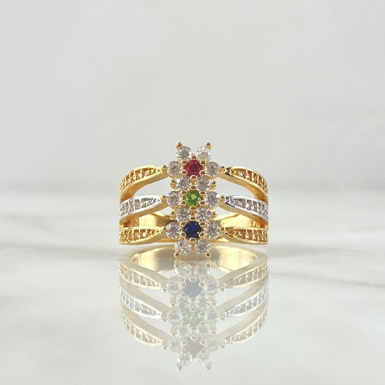 Anillo Trio Flor Nevada 4.9gr / T6 / Cicones Blancos Verdes Azul Fucsia Oro Amarillo 18K