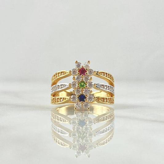 Anillo Trio Flor Nevada 4.9gr / T6 / Cicones Blancos Verdes Azul Fucsia Oro Amarillo 18K