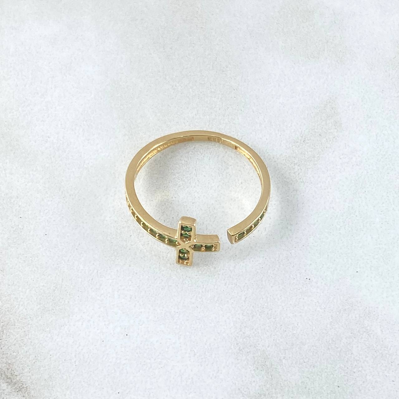 Anillo Crúz Abrazo 1.85gr / T6 3/4 / Circones Verdes Oro Amarillo 18K ©