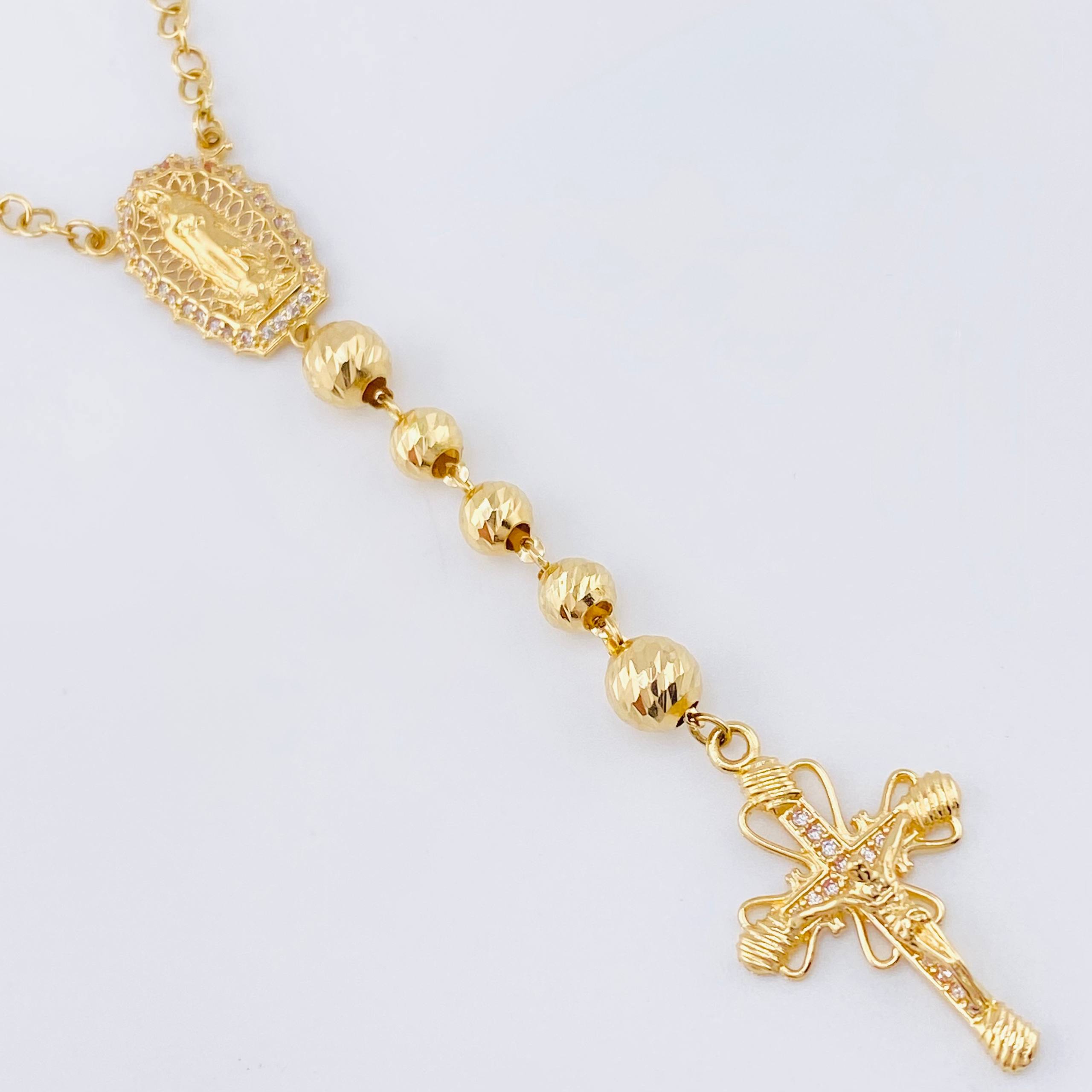 Rosario Virgen Guadalupe Cruz Cristo Ornamentada 17.7gr / 60cm / 6mm-5mm Oro Amarillo 18K *