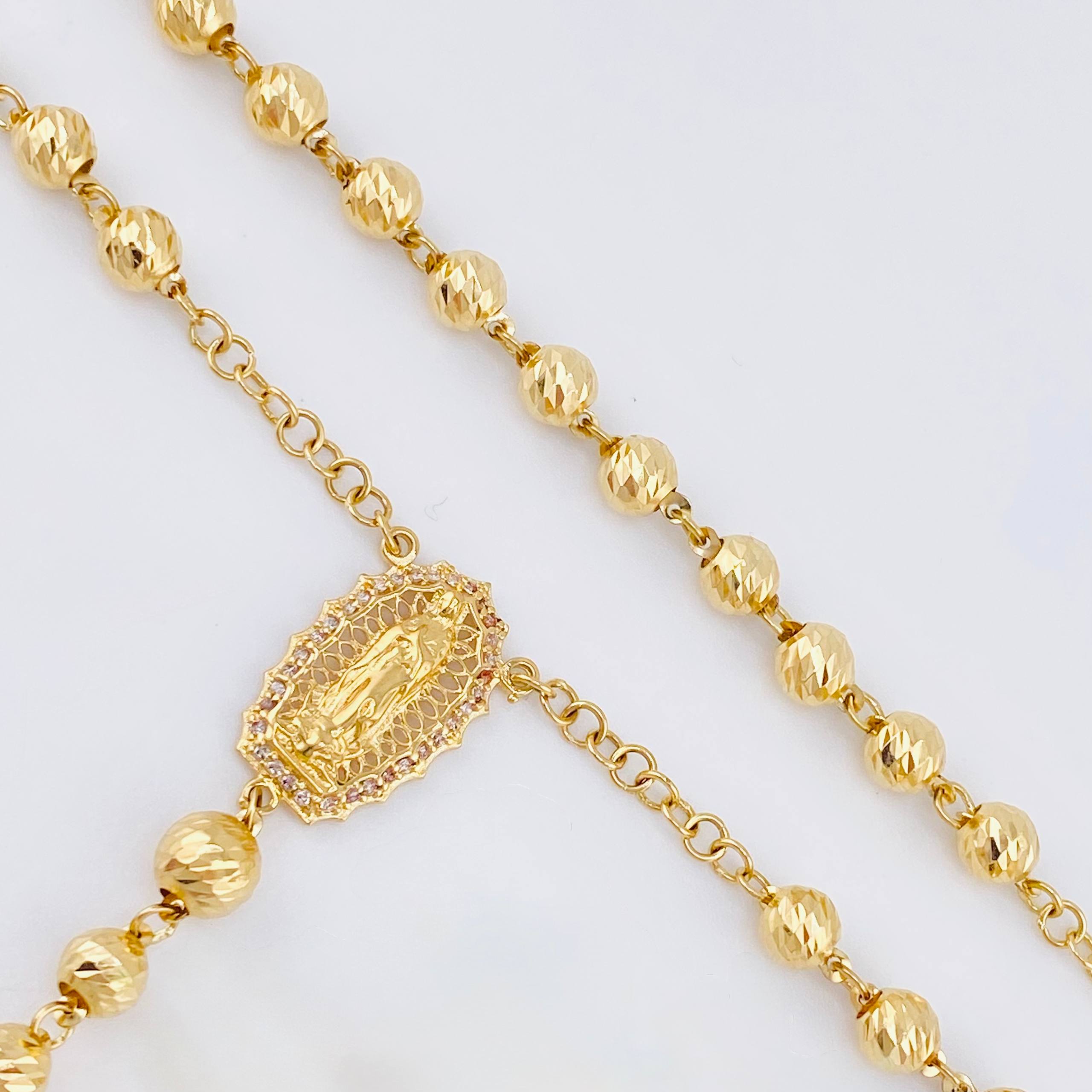 Rosario Virgen Guadalupe Cruz Cristo Ornamentada 17.7gr / 60cm / 6mm-5mm Oro Amarillo 18K *