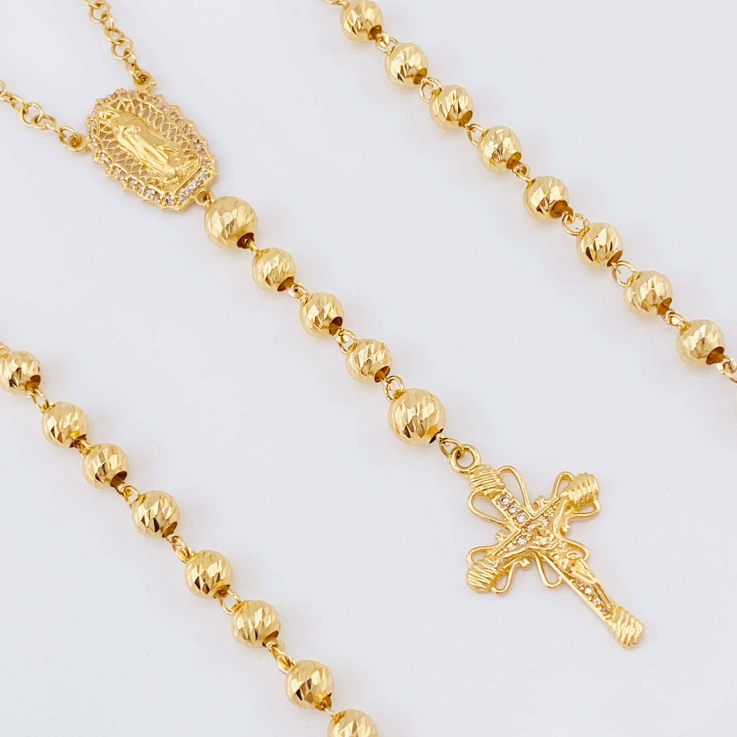 Rosario Virgen Guadalupe Cruz Cristo Ornamentada 17.7gr / 60cm / 6mm-5mm Oro Amarillo 18K *