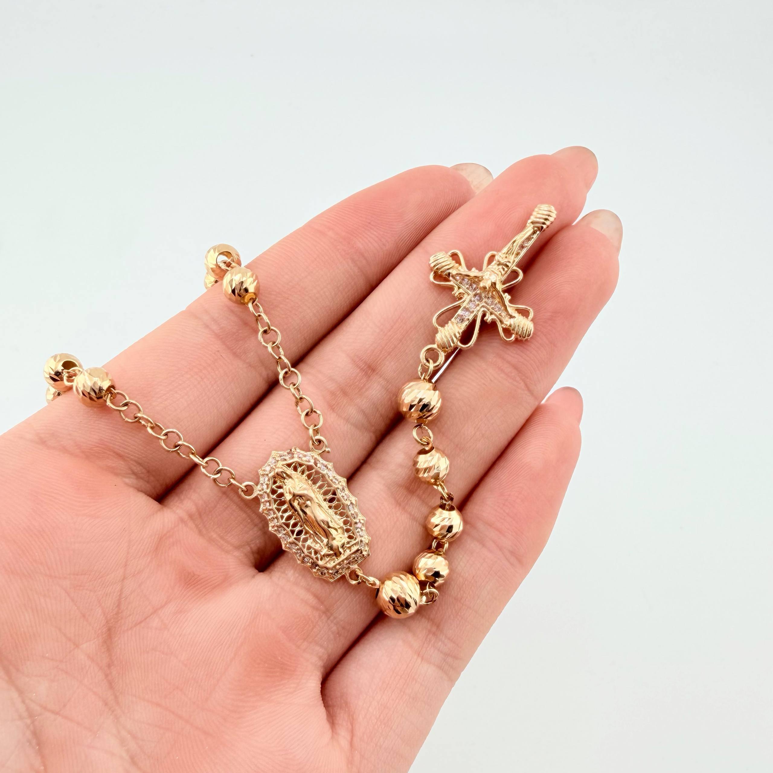 Rosario Virgen Guadalupe Cruz Cristo Ornamentada 17.7gr / 60cm / 6mm-5mm Oro Amarillo 18K *