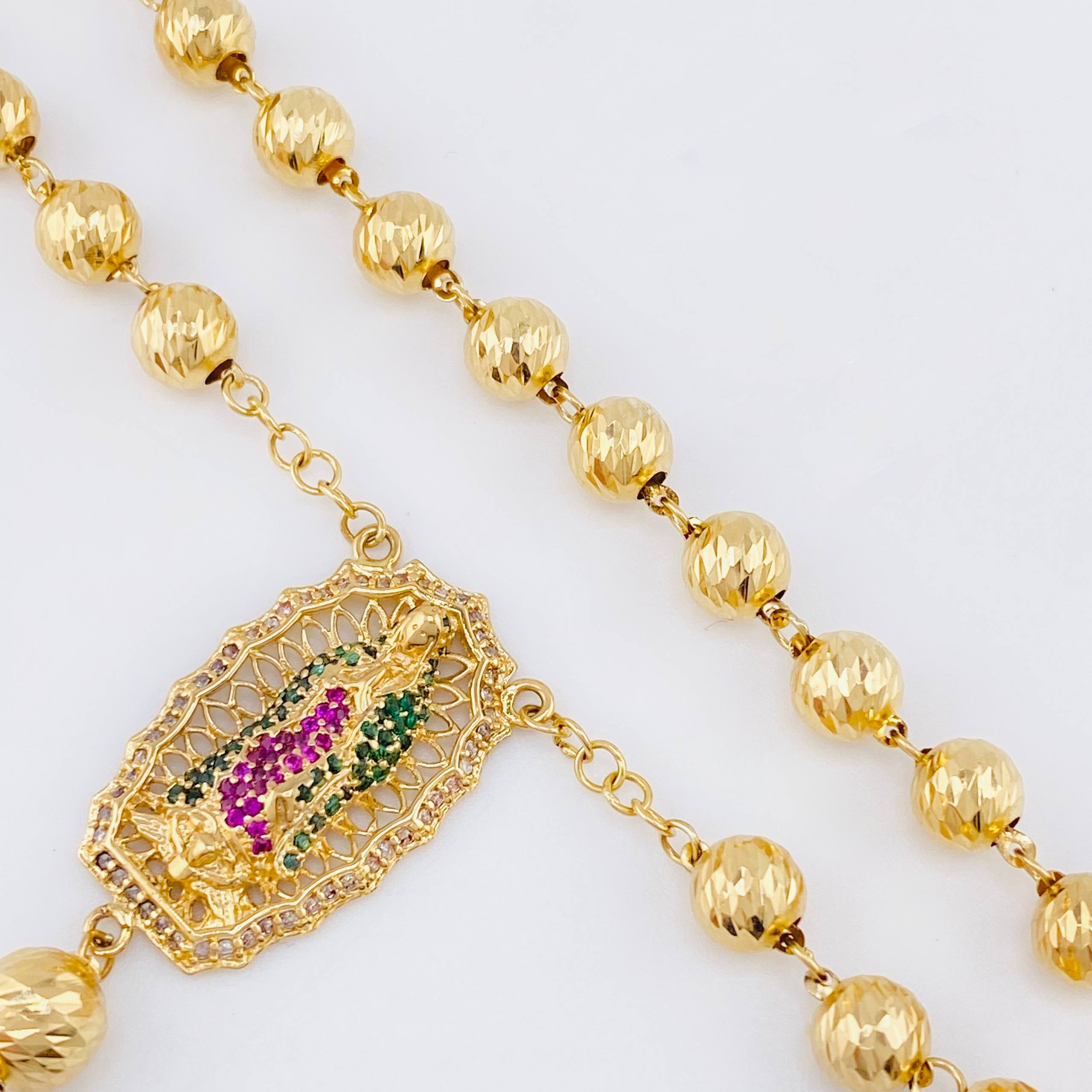 Rosario Virgen Guadalupe Cruz Cristo Romano 23.1gr / 60cm / 7mm-6mm Oro Amarillo 18K