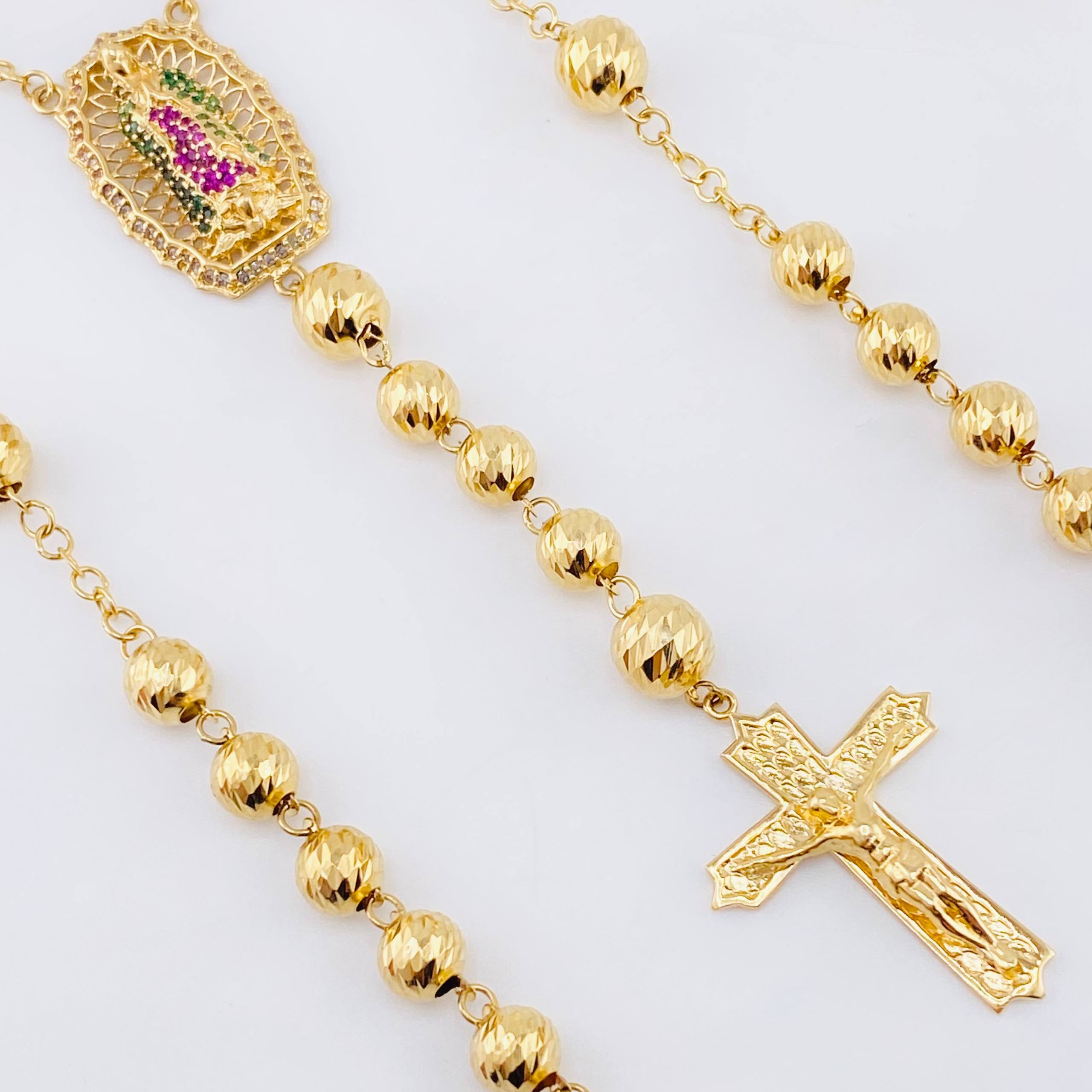Rosario Virgen Guadalupe Cruz Cristo Romano 23.1gr / 60cm / 7mm-6mm Oro Amarillo 18K