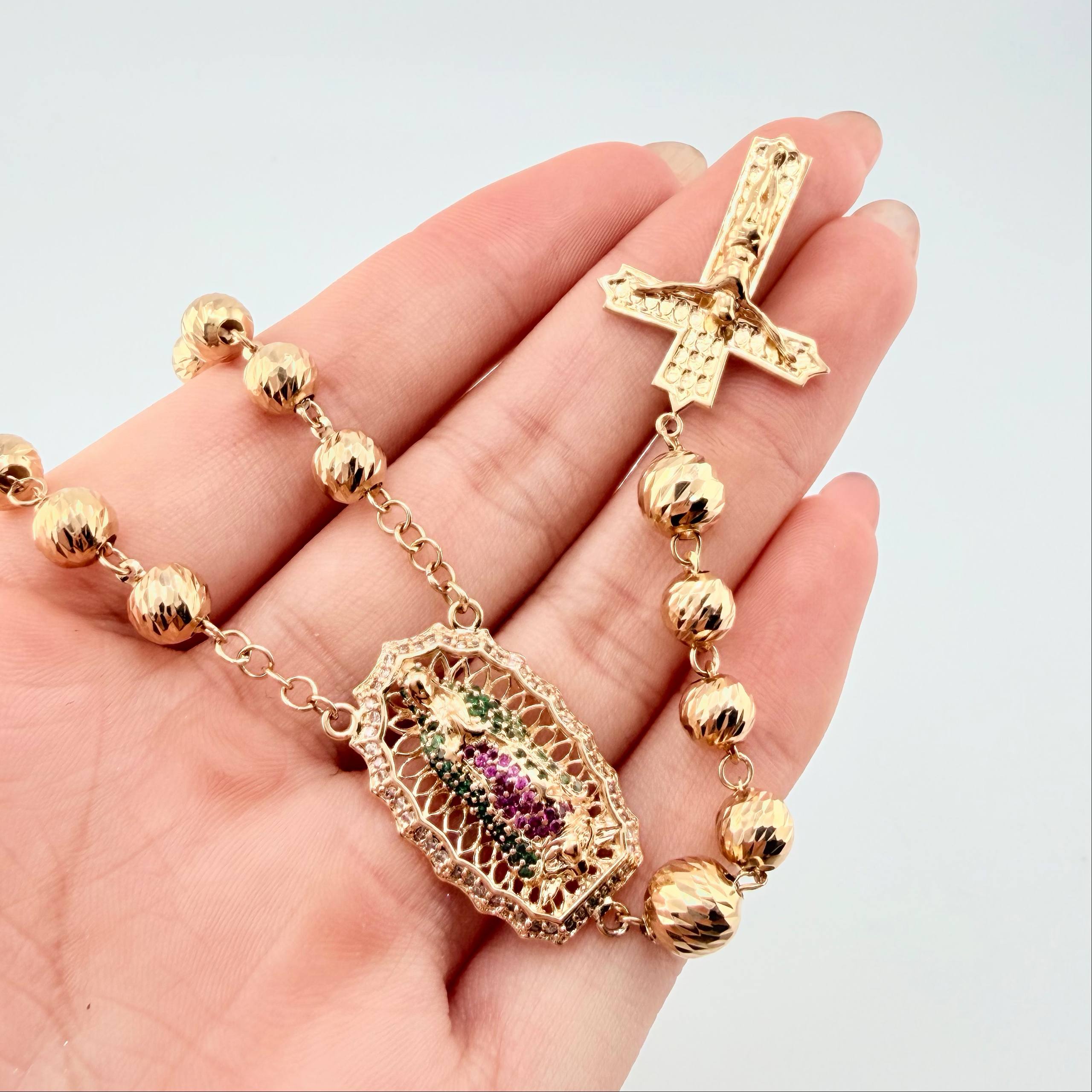 Rosario Virgen Guadalupe Cruz Cristo Romano 23.1gr / 60cm / 7mm-6mm Oro Amarillo 18K