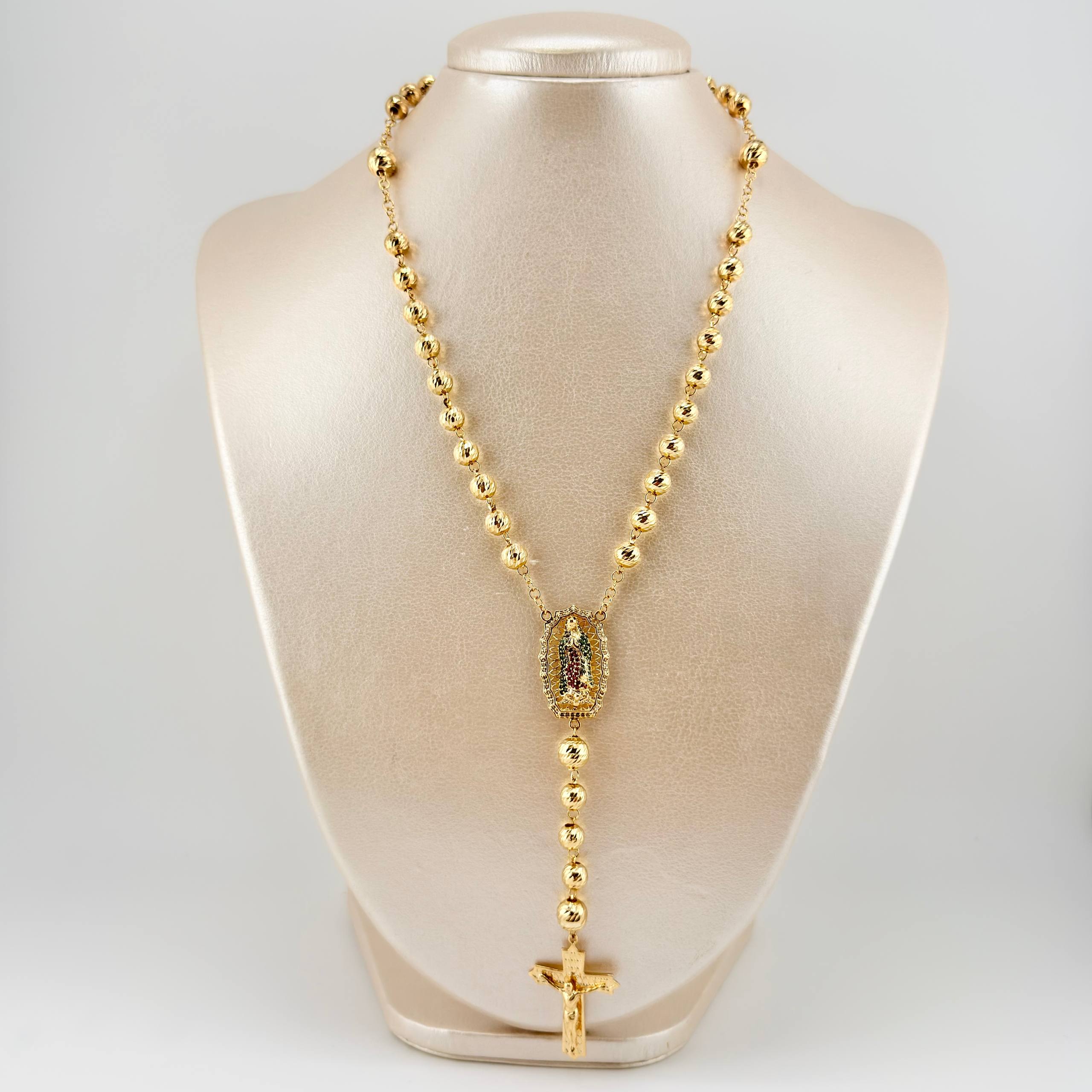 Rosario Virgen Guadalupe Cruz Cristo Romano 23.1gr / 60cm / 7mm-6mm Oro Amarillo 18K